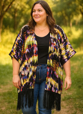 Russell Kemp Lightweight Cardigan Women 2X Black Abstract Fringe Semi Sheer Boho